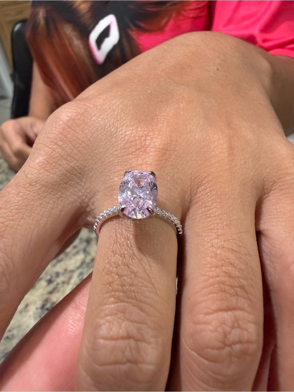 Elegant Pink Oval Solitaire Ring with Pavé Band 4.5CT STERLING SILVER